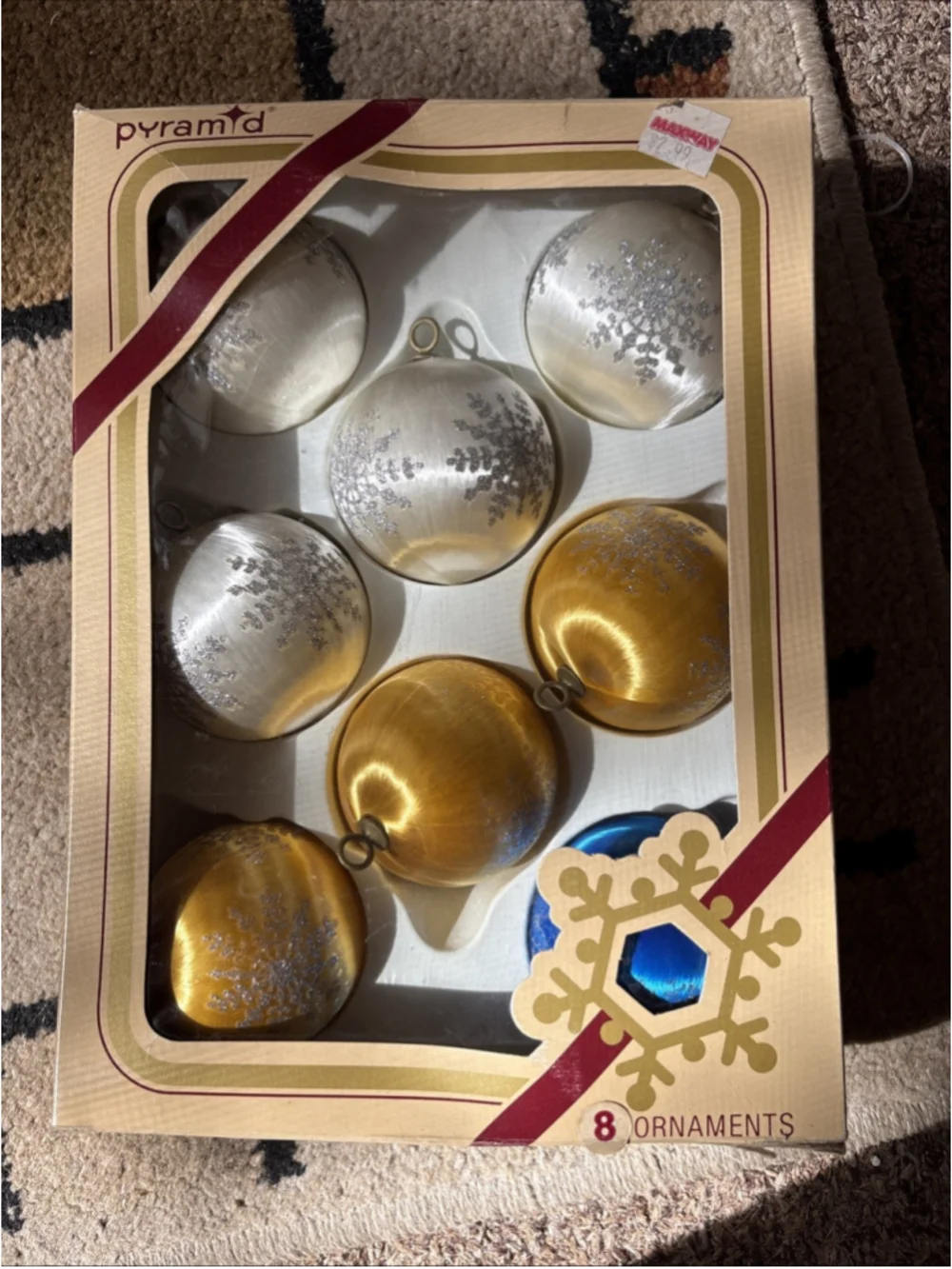 Vintage Pyramid 8 Satin Ball Christmas Ornaments MCM W/Glitter Snowflakes